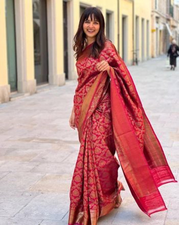 TRENDING SOFT LICHI SILK JACQUARD WORK SAREE WITH UNSTITCHED BLOUSE RED