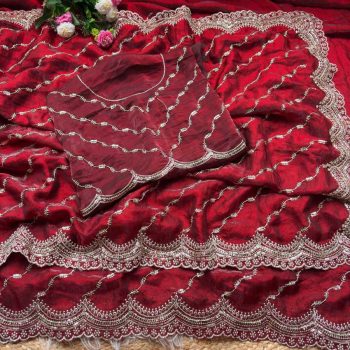 TRENDING SPACE SILK GOLD BEEDS BHUNGALI WORK  SAREE WITH UNSTITCHED BLOUSE MAROON