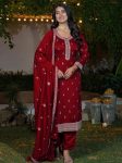 TRENDING VICHITRA SILK EMBROIDERY WORK TOP BOTTOM WITH DUPATTA MAROON