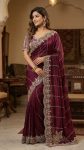 MODERN FENDY SATIN EMBROIDERY SEQUENCE WORK HEAVY BORDER WITH BUTTI WORK SAREE WITH STITCHED BLOUSE WINE