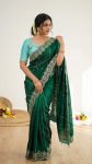 MODERN FENDY SATIN EMBROIDERY SEQUENCE WORK HEAVY BORDER WITH BUTTI WORK SAREE WITH STITCHED BLOUSE GREEN