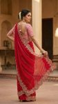 MODERN FENDY SATIN EMBROIDERY SEQUENCE WORK HEAVY BORDER WITH BUTTI WORK SAREE WITH STITCHED BLOUSE RED