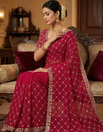 DESIGNER FENDY CHIFFON SILK SEQUENCE EMBROIDERY WORK WITH CUT WORK BORDER WORK SAREE WITH UNSTITCHED BLOUSE RANI