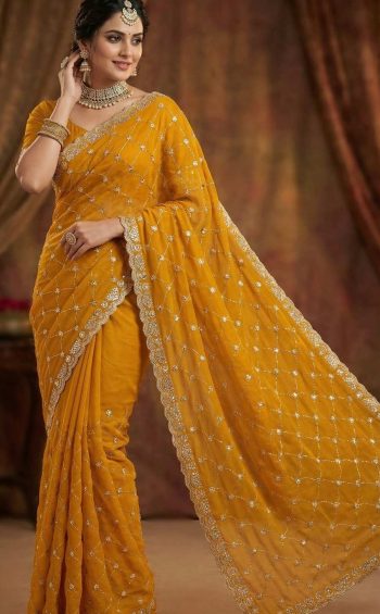 DESIGNER FENDY CHIFFON SILK SEQUENCE EMBROIDERY WORK WITH CUT WORK BORDER WORK SAREE WITH UNSTITCHED BLOUSE YELLOW