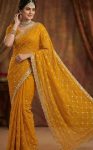 DESIGNER FENDY CHIFFON SILK SEQUENCE EMBROIDERY WORK WITH CUT WORK BORDER WORK SAREE WITH UNSTITCHED BLOUSE YELLOW