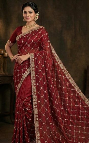 DESIGNER FENDY CHIFFON SILK SEQUENCE EMBROIDERY WORK WITH CUT WORK BORDER WORK SAREE WITH UNSTITCHED BLOUSE MAROON