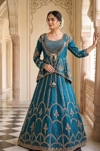 DESIGNER CREPE SILK EMBROIDERY THREAD & SEQUENCE WORK LEHENGA CHOLI WITH JACKET RAMA