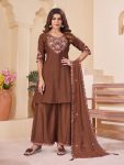 DESIGNER MUL CHANDERI MULTI EMBROIDERY THREAD WITH REAL HAND WORK  KURTI PALAZZO WITH DUPATTA CHIKU