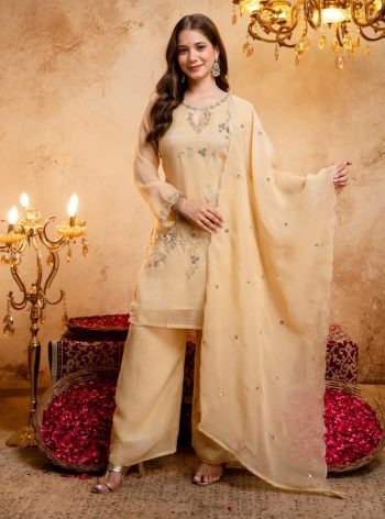 MODERN CRUNCHY SILK SEQUENCE CODING EMBROIDERY WORK TOP PALAZZO WITH DUPATTA CREAM