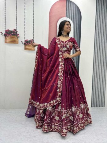 DESIGNER GLASS SILK EMBROIDERY WORK LEHENGA CHOLI WITH DUPATTA WINE