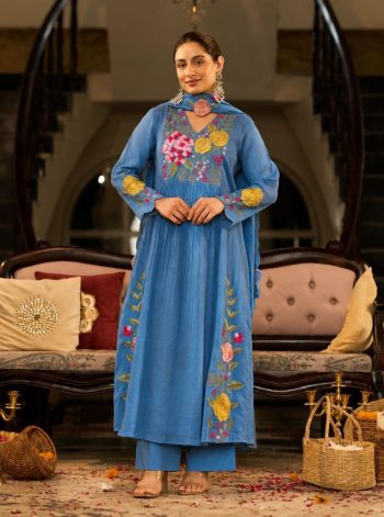 MODERN MUL CHANDERI MULTI-THREAD & SEQUENCE EMBROIDERY HANDWORK ANARAKALI TOP BOTTOM WITH DUPATTA LIGHT BLUE