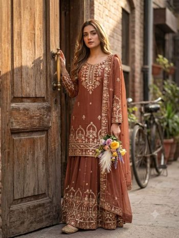 DESIGNER GEORGETTE EMBROIDERY 5 MM SEQUENCE WORK TOP SHARARA WITH DUPATTA DUSTY ROSE