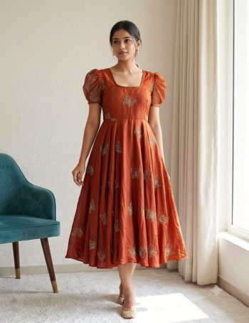 MODERN RANGOLI SILK BEADS SEQUENCE WORK  ONE PIECE DRESS ORANGE