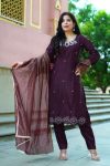 MODERN ROMAN GLASS EMBROIDERY BEADS WITH SEQUENCE WORK AND NECK MIRROR HANDWORK TOP BOTTOM WITH DUPATTA PURPLE