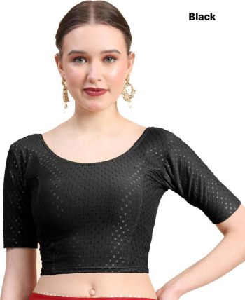 NEW ARRIVAL DOBBY COTTON LYCRA SELF DOTTED WORK STITCHED BLOUSE BLACK