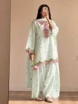 RICH LOOK CHANDERI COTTON MULTI NEEDLE  SEQUENCE EMBROIDERY ZARI WORK TOP PATIYALA WITH DUPATTA SEA GREEN