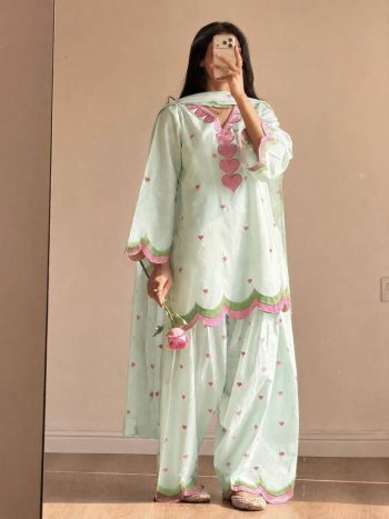 RICH LOOK CHANDERI COTTON MULTI NEEDLE  SEQUENCE EMBROIDERY ZARI WORK TOP PATIYALA WITH DUPATTA SEA GREEN