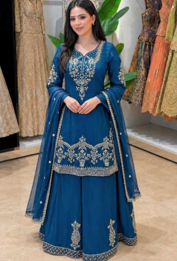 DESIGNER CREPE SILK EMBROIDERY SEQUENCE WORK TOP PALAZZO WITH DUPATTA BLUE