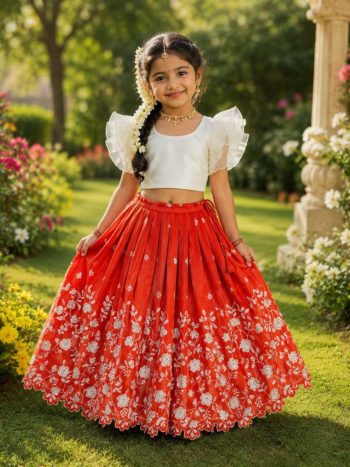 DESIGNER KOTA CHECKS FLORAL EMBROIDERY WORK KID'S LEHENGA CHOLI WHITE AND ORANGE