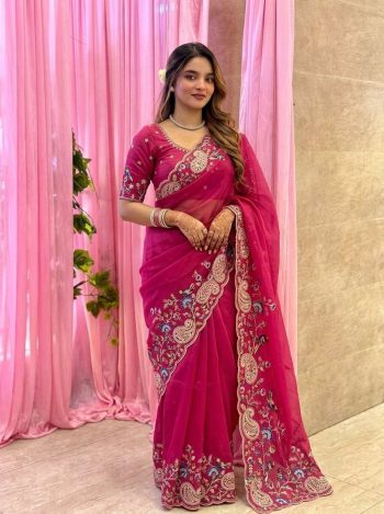 DESIGNER TABBY SILK EMBROIDERY CUTWORK ARCO BORDER SAREE WITH UNSTITCHED BLOUSE PINK