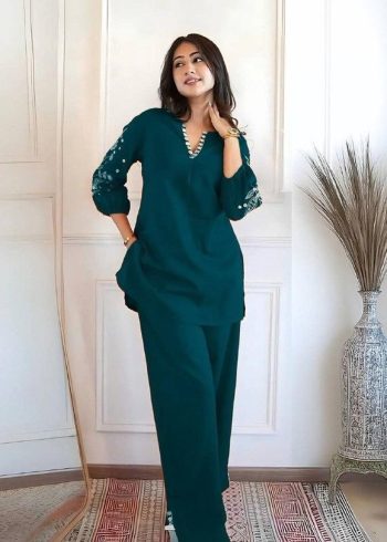 RICH LOOK SLUB COTTON EMBROIDERY WORK CO-ORD SET TEAL