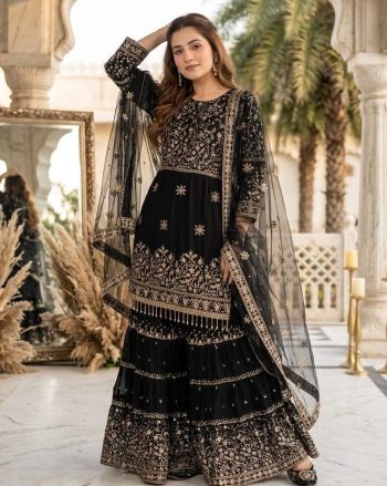 DESIGNER GEORGETTE EMBROIDERY SEQUENCE WORK  TOP SHARARA WITH DUPATTA BLACK