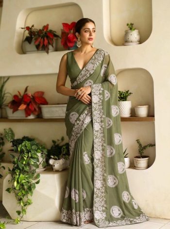DESIGNER STAR GEORGETTE EMBROIDERY WORK WITH PIPING BORDER SAREE WITH UNSTITCHED BLOUSE MINT