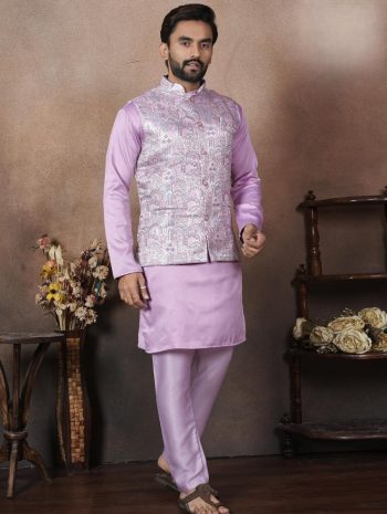ATTRACTIVE MALAI SATIN  KURTA KOTI WITH PAYJAMA LAVENDER