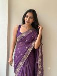 ATTRACTIVE PURE STAR GEORGETTE EMBROIDERY, SEQUENCES AND CUT WORK BORDER SAREE WITH UNSTITCHED BLOUSE PURPLE