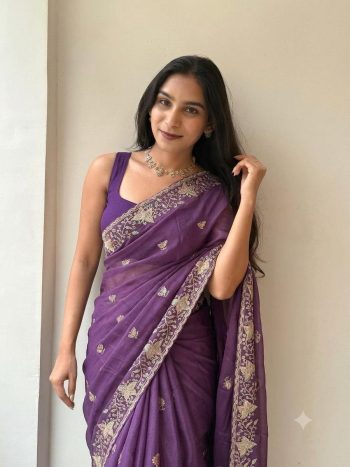ATTRACTIVE PURE STAR GEORGETTE EMBROIDERY, SEQUENCES AND CUT WORK BORDER SAREE WITH UNSTITCHED BLOUSE PURPLE
