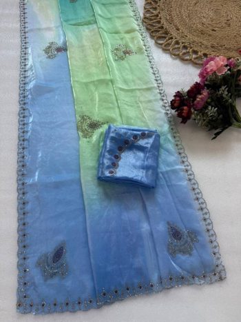 BOLLYWOOD PURE FENDY SATIN DIGITAL PRINTS AND JARKAN DIAMOND WORK SAREE WITH UNSTITCHED BLOUSE BLUE AND PARROT GREEN