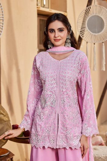 DESIGNER GEORGETTE EMBROIDERY  SEQUENCE WORK WITH CUTWORK TOP PALAZZO WITH DUPATTA PINK