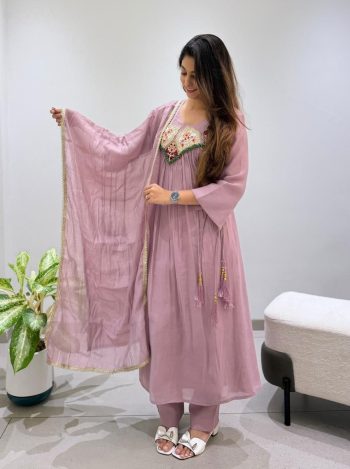 DESIGNER MUL CHANDERI BEADS WITH SEQUENCE EMBROIDERY WORK TOP BOTTOM WITH DUPATTA  LAVENDER