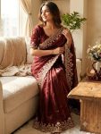1DESIGNER TWO TONE SPACE SILK SEQUANCE AND ZARI EMBROIDERY WORK SAREE WITH STITCHED BLOUSE WEDDING WEAR WHOLESALE PRICE ETHNIC GARMENT (9)