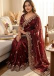 DESIGNER TWO TONE SPACE SILK SEQUANCE AND ZARI EMBROIDERY WORK SAREE WITH STITCHED BLOUSE MAROON