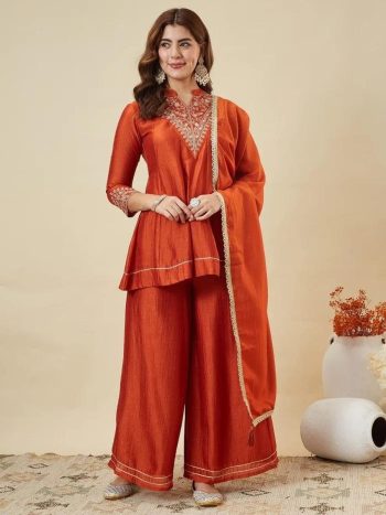 DESIGNER VICHITRA SILK EMBROIDERY WORK TOP BOTTOM WITH DUPATTA ORANGE