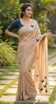 ELEGANCE PREMIUM CHINON SILK  BEAUTIFUL ELEGANCE KHATLI WORK SAREE WITH UNSTITCHED BLOUSE CREAM AND BLUE