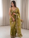 FABULOUSE PURE FENDY SATIN BEADS EMBROIDERY WITH SEQUENCES AND CUT WORK BORDER SAREE WITH UNSTITCHED BLOUSE GREEN