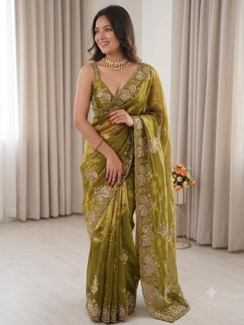 FABULOUSE PURE FENDY SATIN BEADS EMBROIDERY WITH SEQUENCES AND CUT WORK BORDER SAREE WITH UNSTITCHED BLOUSE GREEN