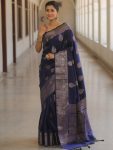 FANCY LICHI SILK WEAVING WORK SAREE WITH UNSTITCHED BLOUSE NAVY BLUE