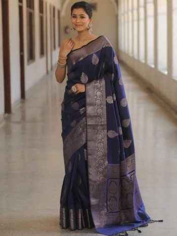 FANCY LICHI SILK WEAVING WORK SAREE WITH UNSTITCHED BLOUSE NAVY BLUE