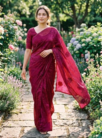 LATEST PREMIUM SPACE SILK MULTI EMBROIDERY AND BEADS WORK OF FLOWER  SAREE WITH UNSTITCHED BLOUSE WINE