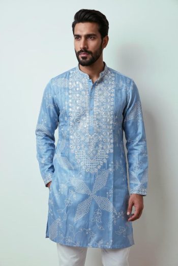 LUXURY SHIMMER SILK EMBROIDERY SEQUENCE WORK KURTA PAYJAMA SKY