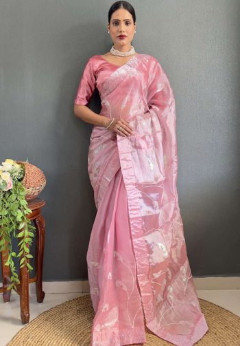 MODERN BURBERRY SILK EMBROIDERY SEQUENCE & SWAROVSKI WORK READY TO WEAR SAREE WITH UNSTITCHED BLOUSE PINK