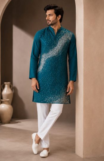 MODERN CRUNCHY  FINE BEADS WORK & DETAILED EMBROIDERY MEN'S KURTA PAYJAMA SET RAMA
