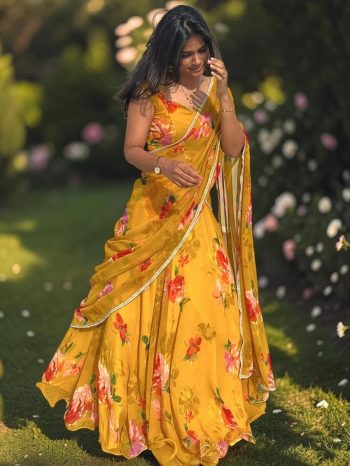 MODERN GEORGETTE DIGITAL PRINT WITH  LACE BORDER WORK LEHENGA SAREE WITH BLOUSE AND ATTACHED DUPATTA YELLOW