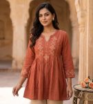 MODERN RAYON 17 KG CROSS-STITCH EMBROIDERY WORK TUNIC TOP ORANGE