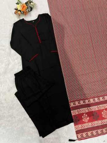 MODERN RAYON MINIMAL LACE  WORK TOP BOTTOM WITH DUPATTA BLACK AND RED