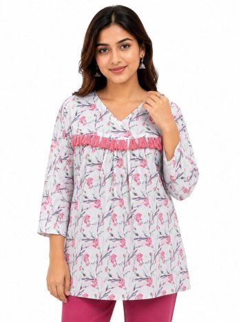 MODERN RAYON SLUB  DIGITAL PRINT WORK TOP WHITE AND PINK