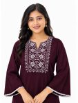 MODERN RAYON SLUB EMBROIDERY WORK SHORT KURTI WINE